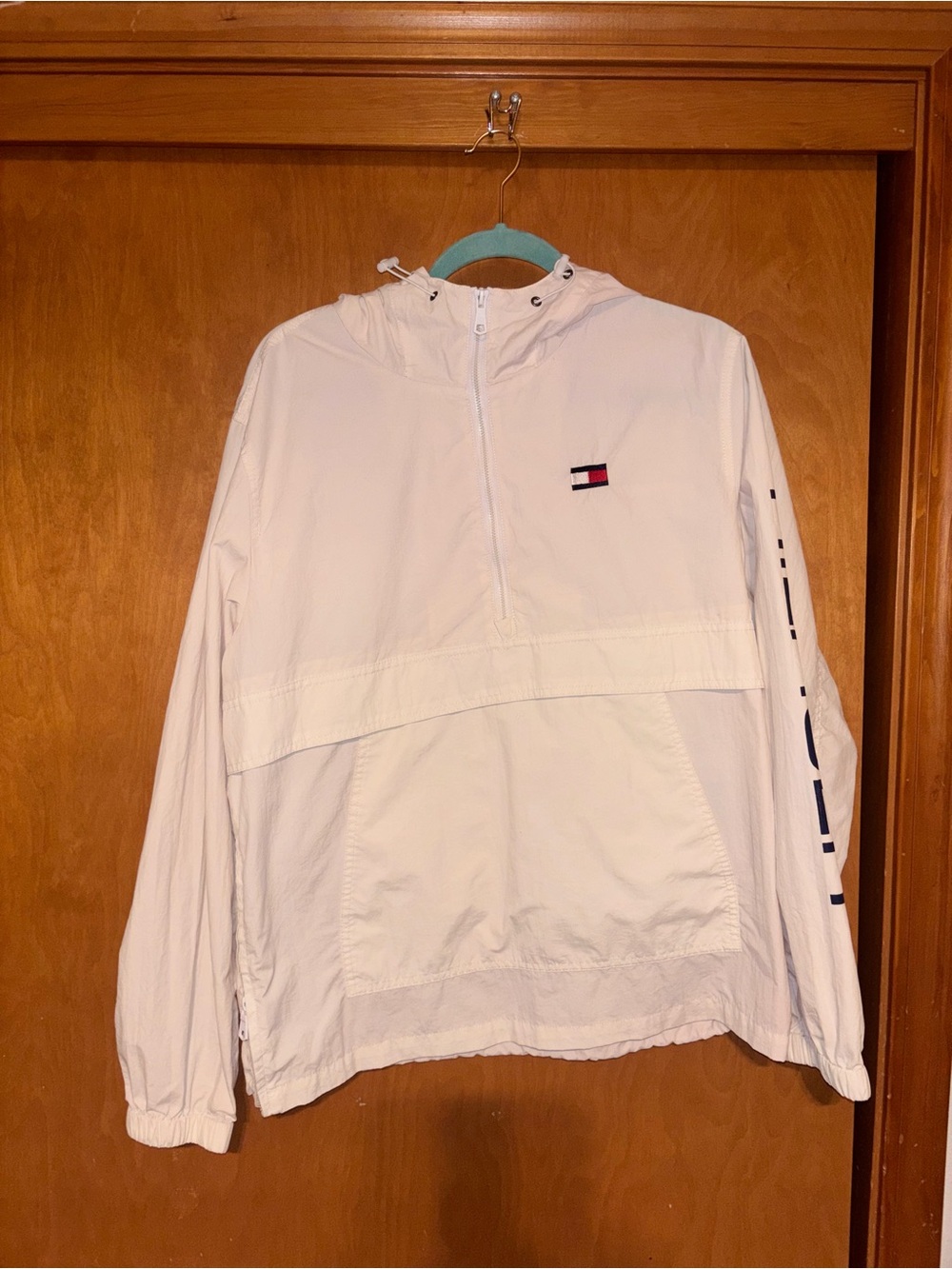 Tommy Hilfiger White Half Zip Windbreaker Hooded Jacket Sleeve Spellout Size M